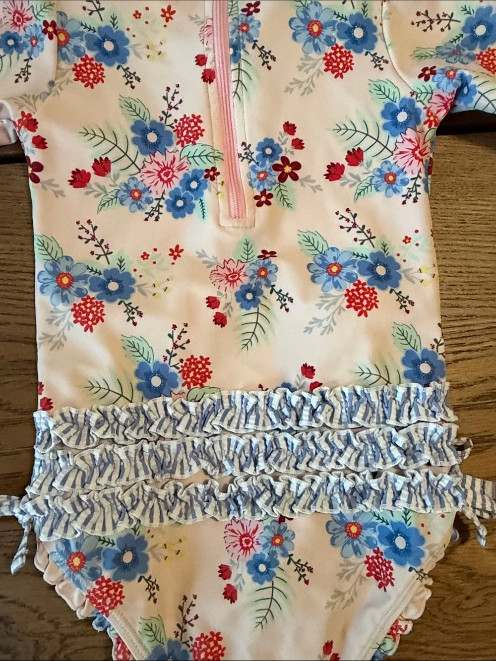 Ruffle Butts Floral Long-Sleeve Rashguard One-Piece - Blue, Pink, Cream